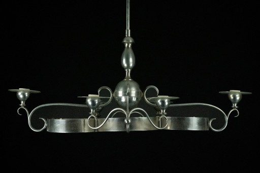 Lampadario italiano Art Déco in nichel, ottone e vetro satinato, anni '30.