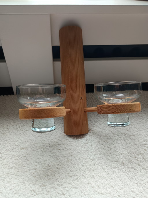 Portavelas de madera de teca escandinavo Harlyk Denmark años 70. Los vasos están intactos.