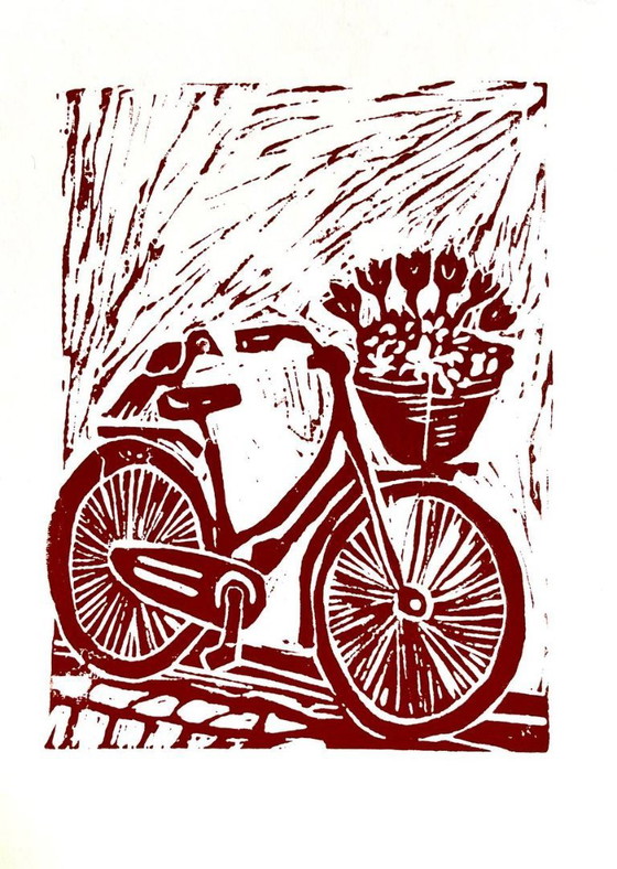 Image 1 of Impresión en linóleo de una bicicleta en Ámsterdam | A4, arte mural, decoración del hogar, papel hecho a mano