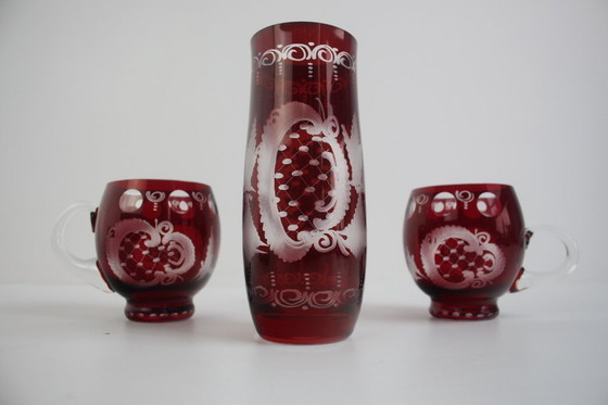 Image 1 of Antique Set of 36 pieces of Artistic cut Ruby red glass, Egermann, 1950's. 