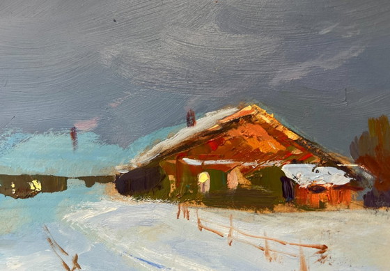 Image 1 of Original Oil Painting Winter Village Landscape Cozy winter evening