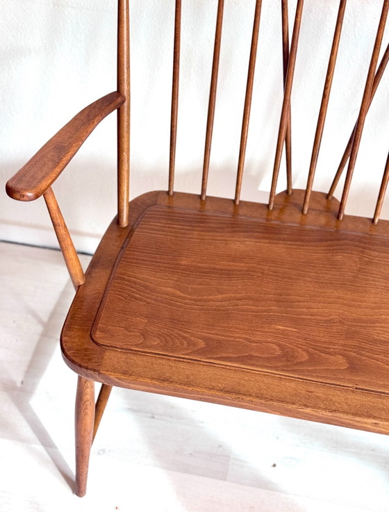 Vintage mid-century wooden slatted bench 1960s, Benches, Brown (photo 11 of 13)
