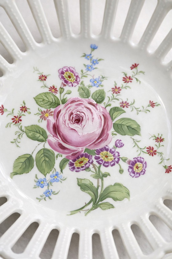 Image 1 of Vintage Lichte Porzellan Pierced Plate – Pink Rose Reticulated China – Made in GDR East Germany – Romantic Home Decor