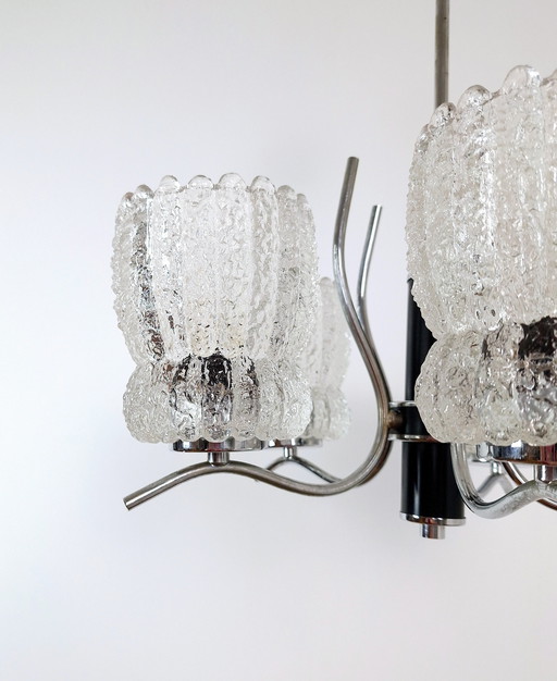 Vintage Pendant Crystal Light, Mid-Century Chandelier, Emi Poljcane with Five Crystal Lampshades