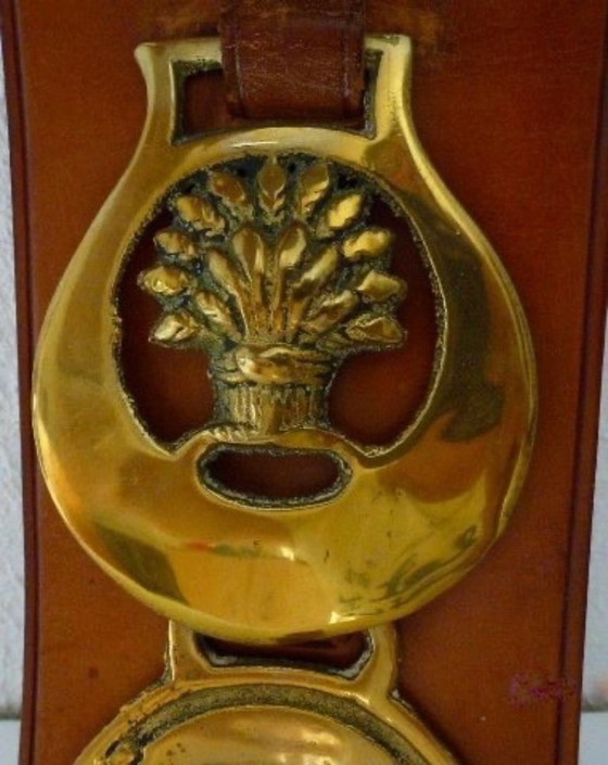 Image 1 of Vintage schellekoord met paard-gerelateerde koperen afbeeldingen. 