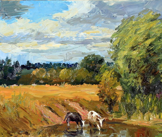 Peinture à l'huile originale Paysage naturel Campagne Pâturage Au point d'eau – Peintures et dessins, Canvas (photo 5 of 8)