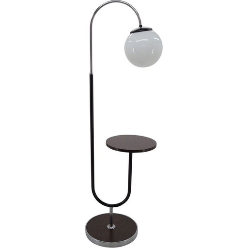 Vintage Art Deco vloerlamp van chroom en hout door Jindrich Halabala, Tsjecho-Slowakije 1930