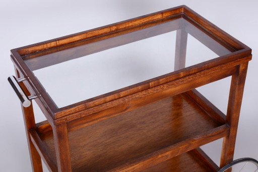 Gerestaureerde art-deco trolley van Thonet, eikenhout, glas, fineer, chroom, Tsjechisch, jaren 1920. (photo 2 of 16)