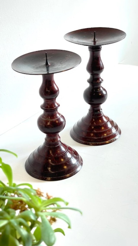 Image 1 of Vintage Patinated Metal Candlesticks