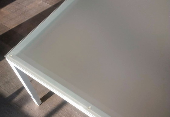 Image 1 of Designer table with white base, frosted glass tabletop; 180x99.50x74cm, detachable
