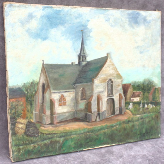 Image 1 of Vintage olieverfschilderij op canvas, gesigneerd, kerk, Europese vondst, landelijk stilleven, gedateerd 1950, wanddecoratie