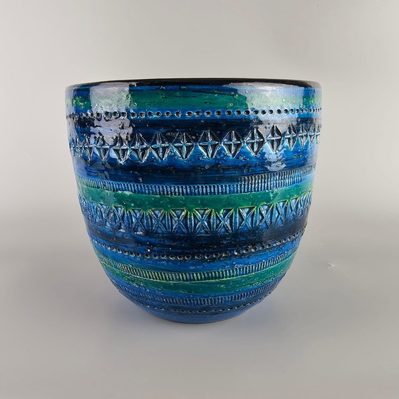 Image 1 of Bellissimo vaso rotondo vintage Bitossi. Decoro 'Rimini Blue', disegnato da Aldo Londi. Design anni '60. Numero di m