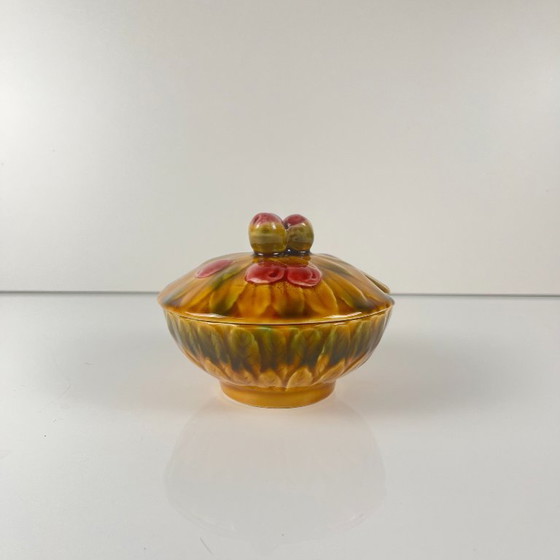 Image 1 of Sarreguemines "cherry" slipware sugar bowl, 1970