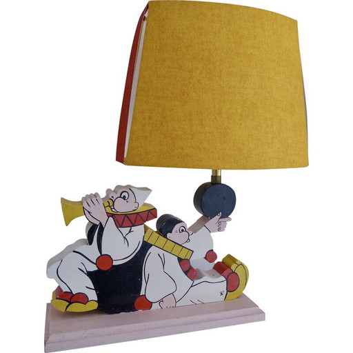 Vintage lamp with two clowns in painted wood, 1950