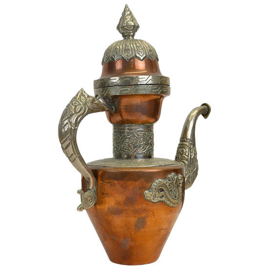 Vintage Himalaya Tibetaanse Koperen Drakenkannen – Paktong Reliëfdecoratie (28.5 cm) – Servies, Brass (photo 2 of 9)