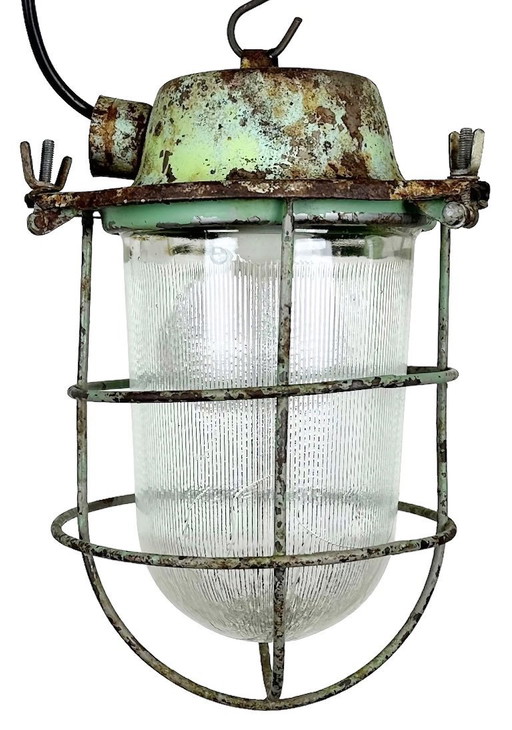 Green Industrial Soviet Bunker Pendant Light with Iron Grid, 1960s