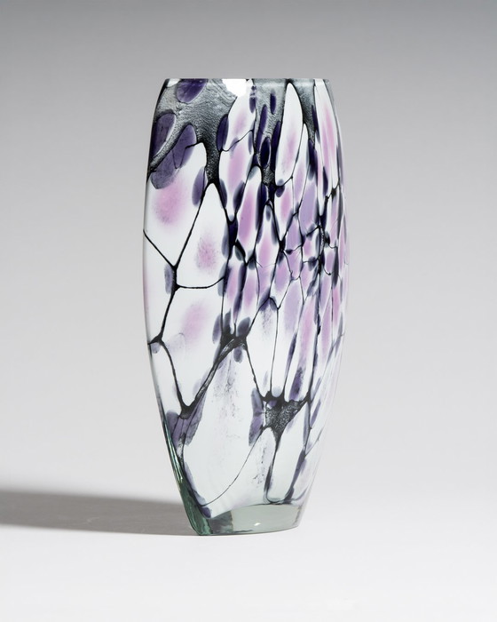 Image 1 of Large Murano Art Glass Vase 1980s • Hand Blown • Violet Black White Postmodern Italian