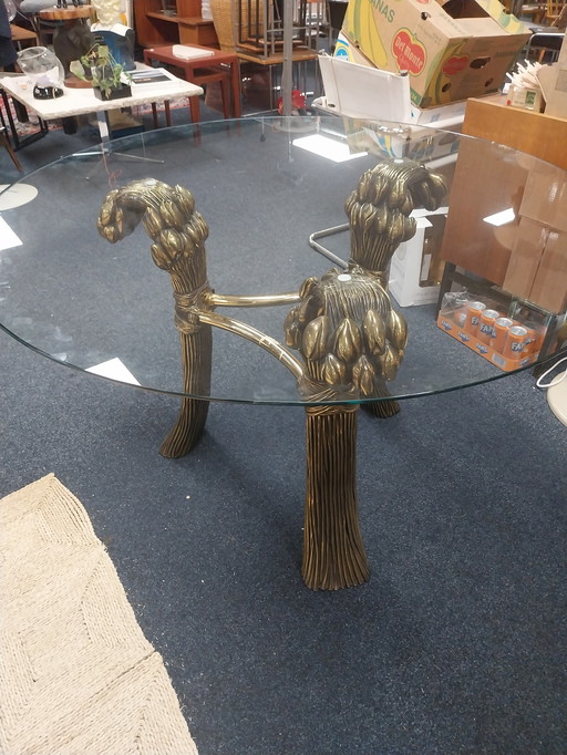 1x Willy Daro Hollywood Regency dining table with glass top 120cm 1970's