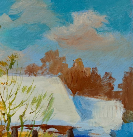 Image 1 of Original Oil Painting Winter Houses Landscape Winter comfort