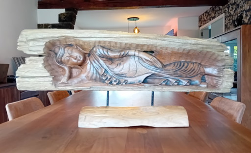 Pannello in legno grezzo intagliato – Buddha nel Parinirvana – decoratieve objecten, Wood