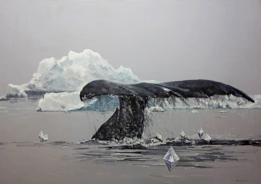Origineel olieverfschilderij, hedendaagse kunst: zee, ijsberg, walvis zonder roeispanen – schilderijen tekeningen, Canvas