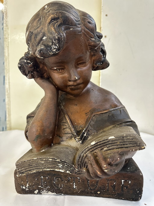 LA LISEUSE plaster bust of a girl reading book 1930s