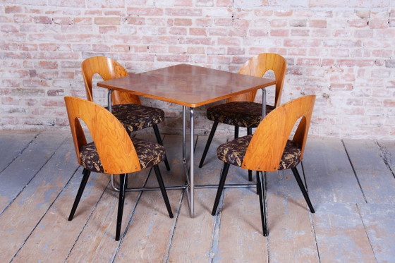 Set of Four Restored Mid-Century Chairs, Beech, Oak, Slovakia, 1950-1959 – Tatra Nábytok, Dining chairs (photo 7 of 11)