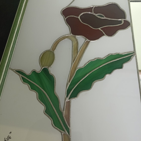 Image 1 of Pannello in vetro colorato francese unico (Pièce Unique) – Design papavero con illuminazione d'atmosfera