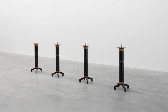 Image 1 of Rare set of 4 very large church candle sticks in black metal and copper, 1960s