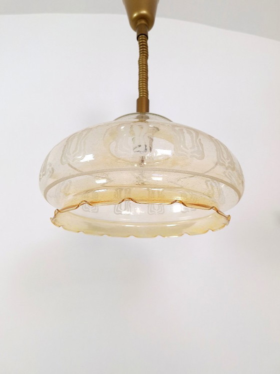 Image 1 of Vintage Amber Pendant Light / Retro Hanging Ceiling Lamp / Mid Century Style Lighting / Ruffled Edge Ceiling Lamp