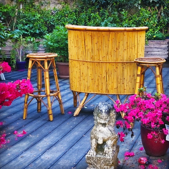 Image 1 of Tiki bar et ses tabourets vintage en rotin et bambou, France, 1950s