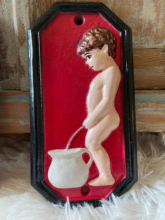 Image 1 of Cartelli per servizi igienici in ghisa rossa vintage per ragazzo e ragazza