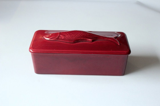 Image 1 of Vis pot Haring pot Matjestopf Keramiek bordeaux-rood - Vintage