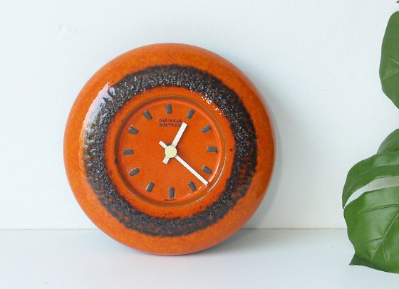 Image 1 of Vintage wall clock, Space Age, Fat Lava ceramic, Kienzle Orange, 60s/70s retro