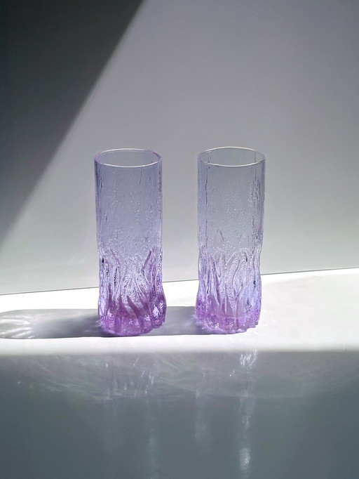 6 Vintage Alexandrit Glas Longdrink Gläser Baumrinde Iris Arnolfo di Cambio Sergio Asti Space Age Brutalist Neodymium Italien