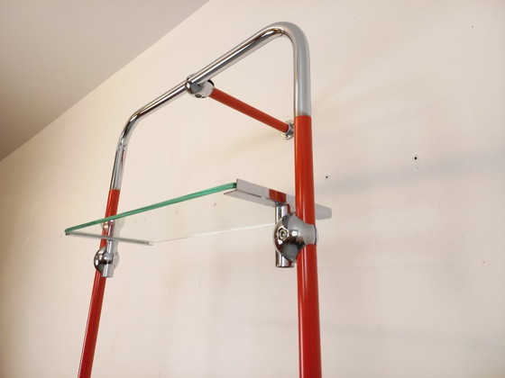 Image 1 of Modular Bauhaus-style vintage bookcase in red metal, chrome and glass from the 1970s