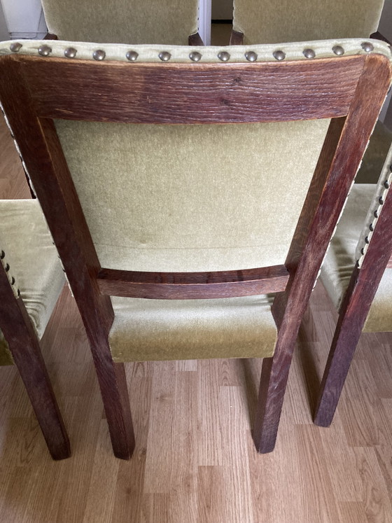 Image 1 of Zes eiken eetkamer stoelen met velours 