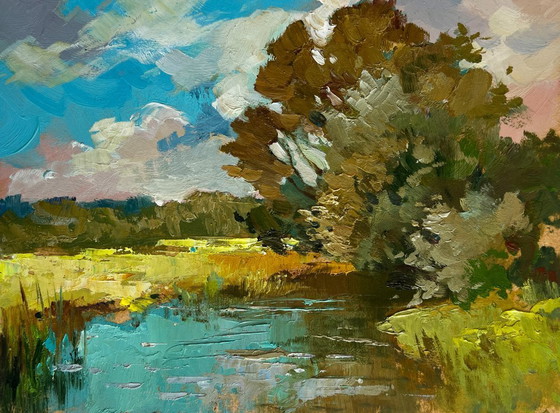 Image 1 of Original Oil Painting Summer River Landscape River along the willow