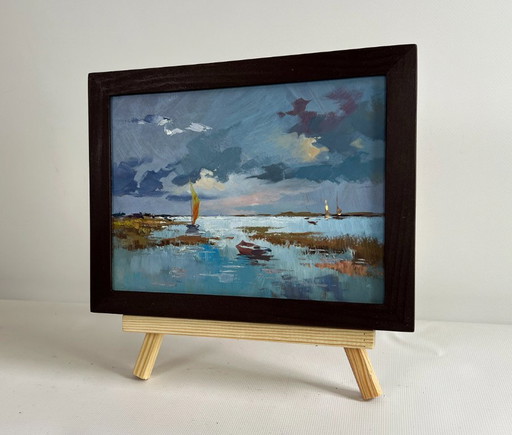 Origineel olieverfschilderij: Avondlandschap aan de rivier. Een rustige avond aan de rivier.