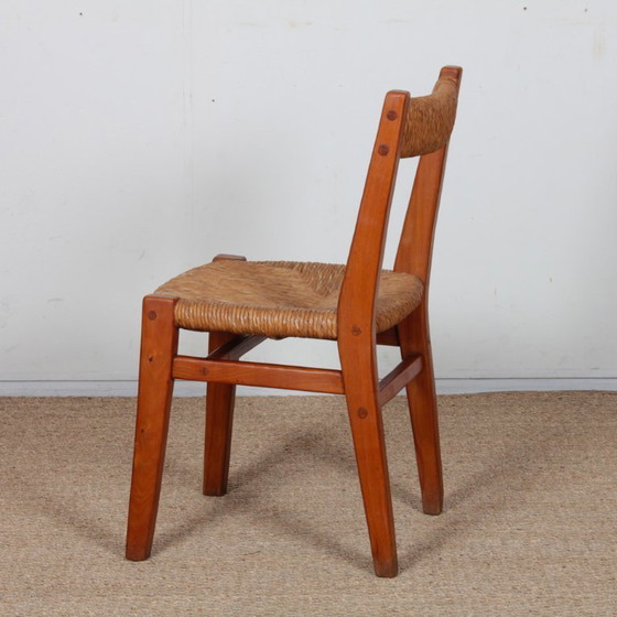 Image 1 of Set of 6 straw-seated chairs in solid elm, French work, 1950