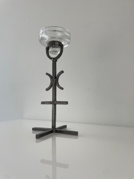 Image 1 of Rare vintage Brutalist candlestick – wrought iron & glass