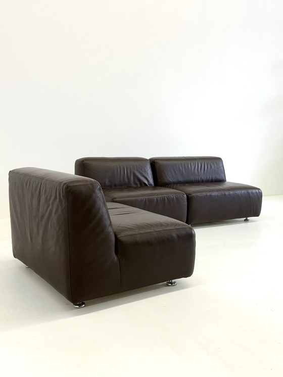 Image 1 of Set van 3 vintage space age modulaire leren sofa / fauteuils in donkerbruin