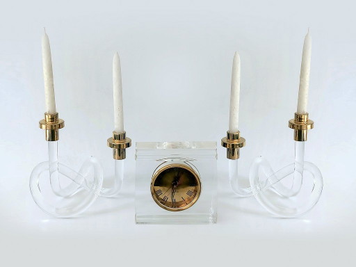 Kandelaar Set & Klok Dorothy C. Thorpe – kandelaars en kaarsen, Brass, Plexiglass, Vintage