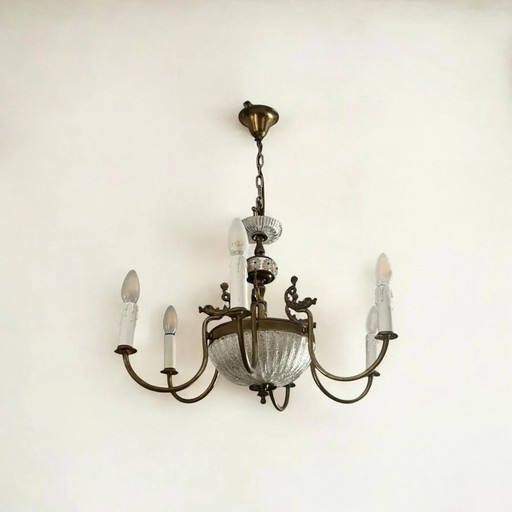 Uniek! Echte Art Nouveau Kroonluchter met glazen schaal en messing vis. Circa 1915