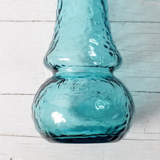 Image 1 of Turquoise Stylish Glass Flower Vase / Bibi Teal Hammered Textured Glass Vase / Italy / 1980s