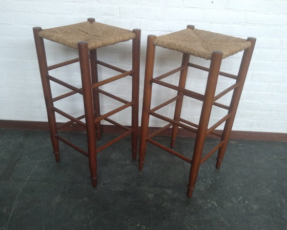 Image 1 of 2x wooden bar stools with rush seat