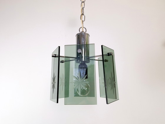 Image 1 of Mid-Century Modern Pendelleuchte, Made in Jugoslawien, EMI Poljčane, 1970er Jahre Modernes Licht, Grünes Rauchglas, Space Age, A