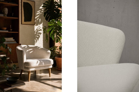 Image 1 of Low Mid-Century Scandinavian Modern Oak & Fabric Armchair with Rounded Backrest, 1960s