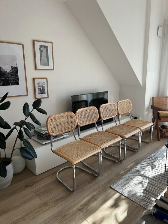 4 cantileverstoelen met Weens vlechtwerk – nieuw en ongebruikt – Eetkamerstoelen, Wood, Chrome (photo 4 of 5)