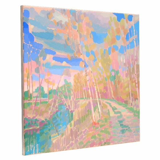 Image 1 of Painting of birch trees by a river, hand-painted unique piece, nature, landscape painting, sky, acrylic painting 50x50cm